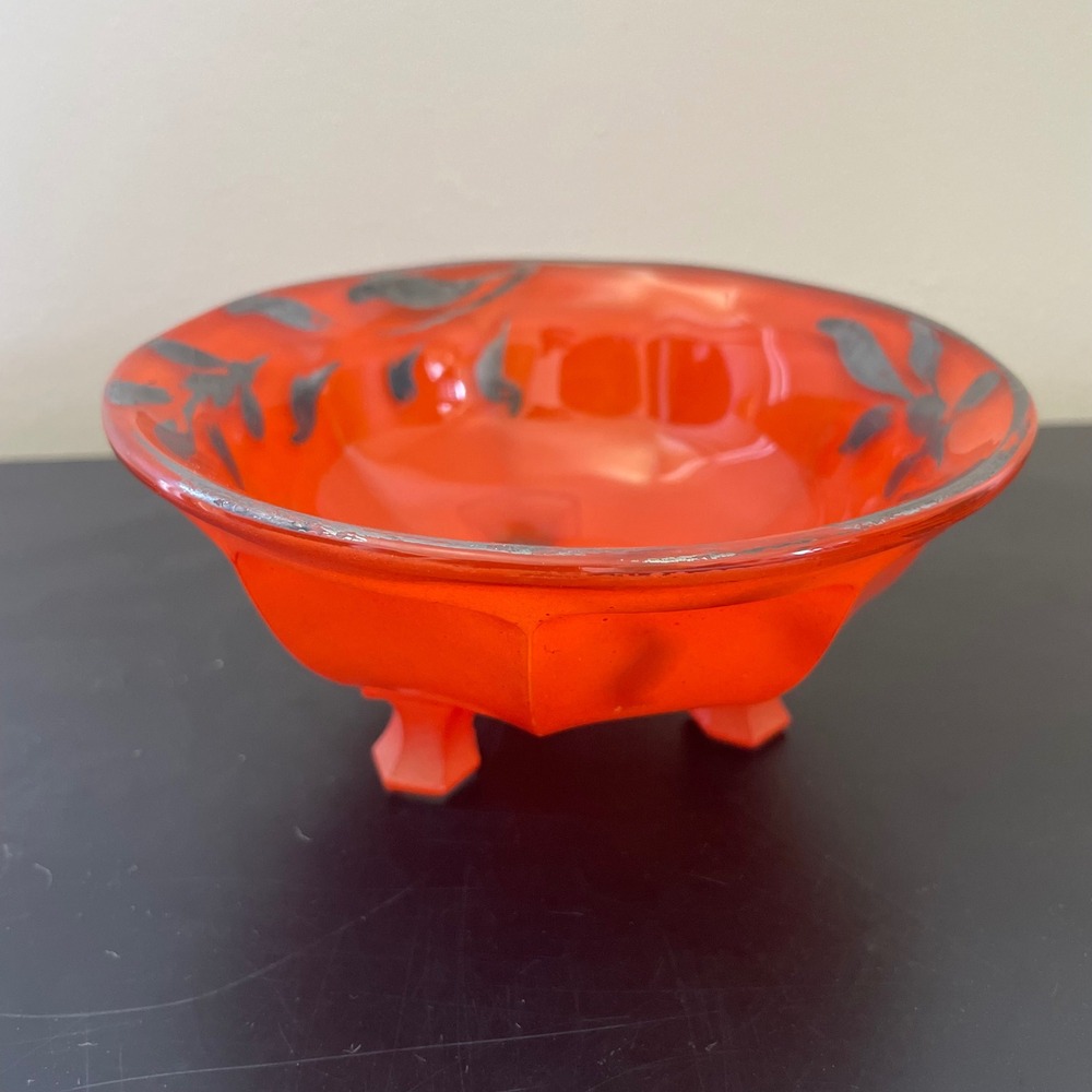 Vintage Art Deco Tripod Glass Bowl Dish Faceted Orange Silver Paint Leaf Design